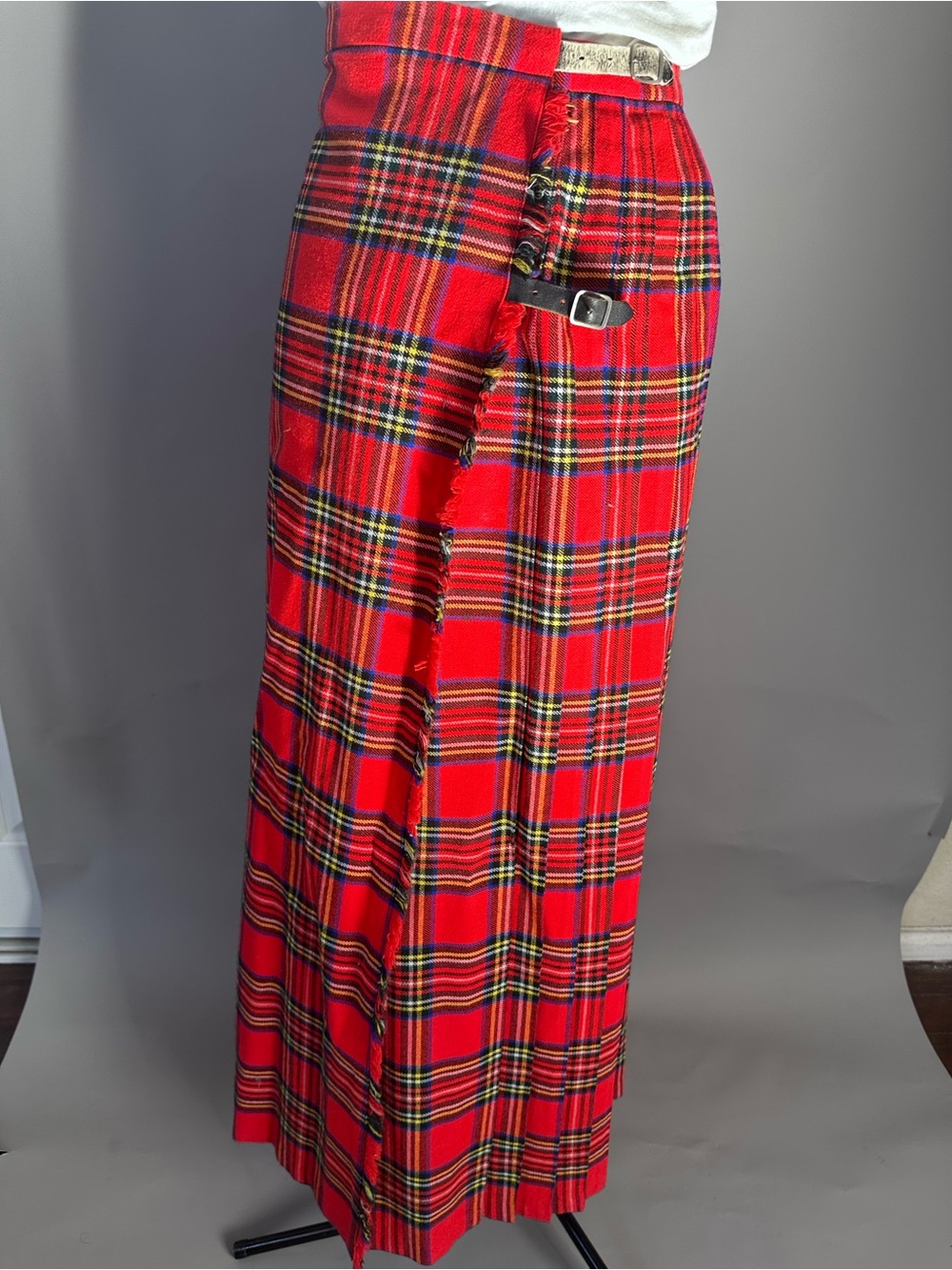 Vintage Long Beach Red Plaid Maxi Wrap Skirt with Buckle Detail